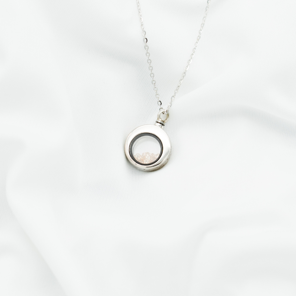 Oval Glass Tan Crystals Cremation Necklace Sterling Silver