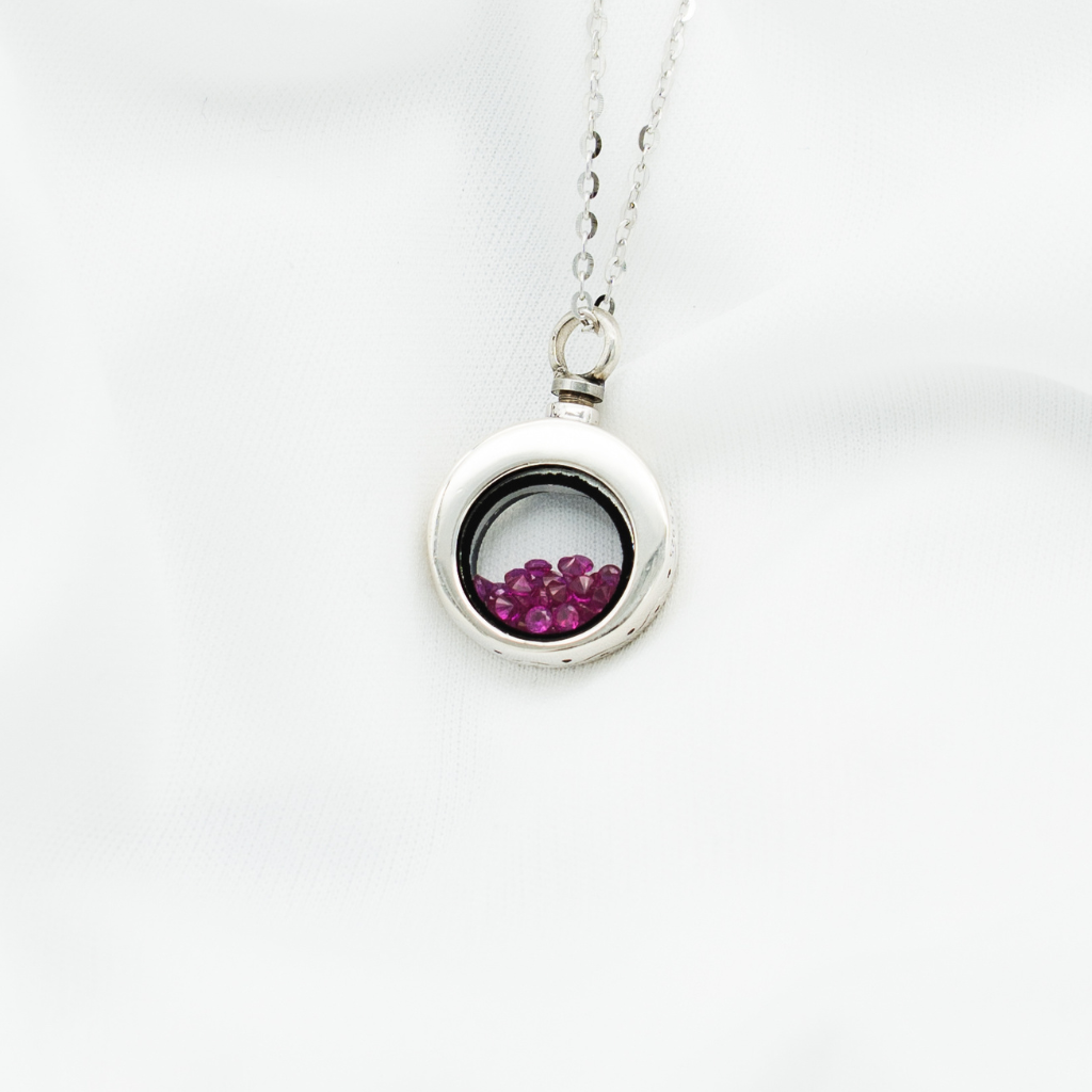 Oval Glass Pink Crystals Cremation Necklace Sterling Silver