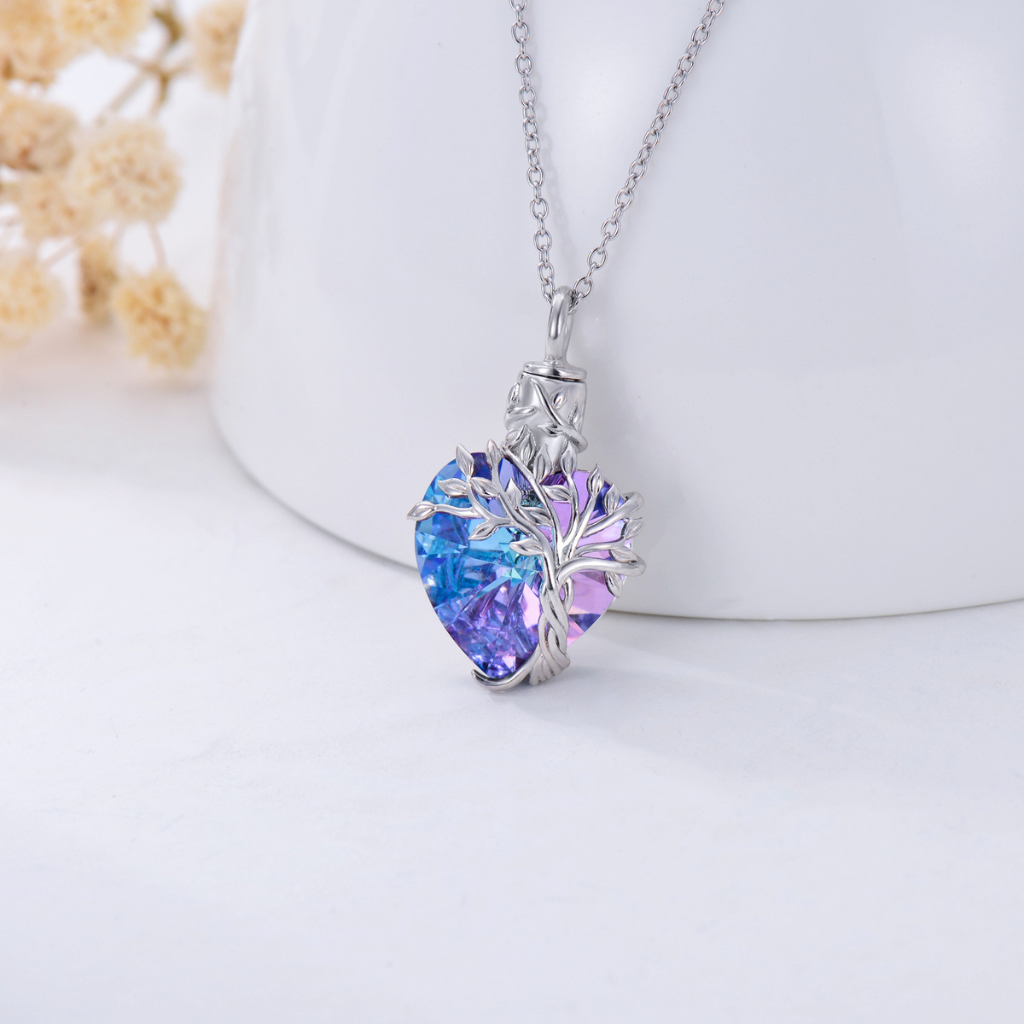 Purple And Blue Crystal Tree Cremation Necklace Sterling Silver