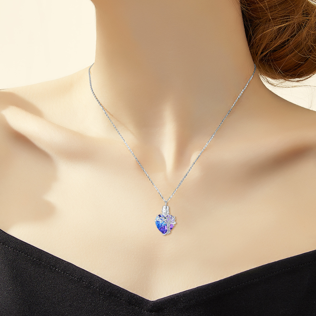 Purple And Blue Crystal Tree Cremation Necklace Sterling Silver