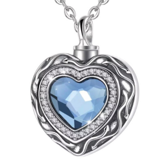 Blue Crystal Heart Cremation Necklace Sterling Silver