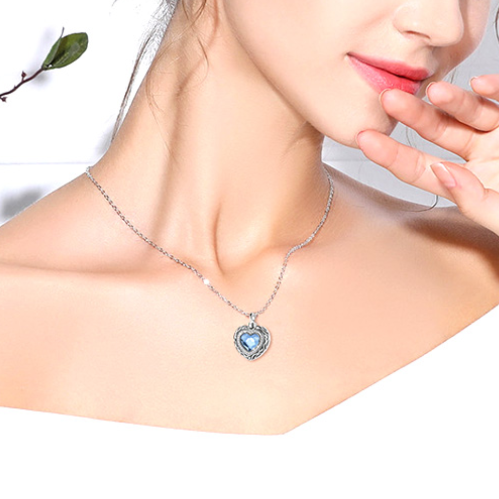 Blue Crystal Heart Cremation Necklace Sterling Silver