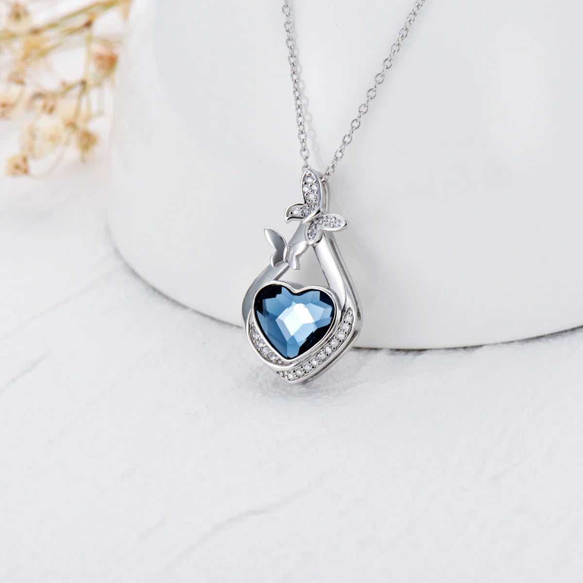 Blue Crystal Butterfly Cremation Necklace Sterling Silver