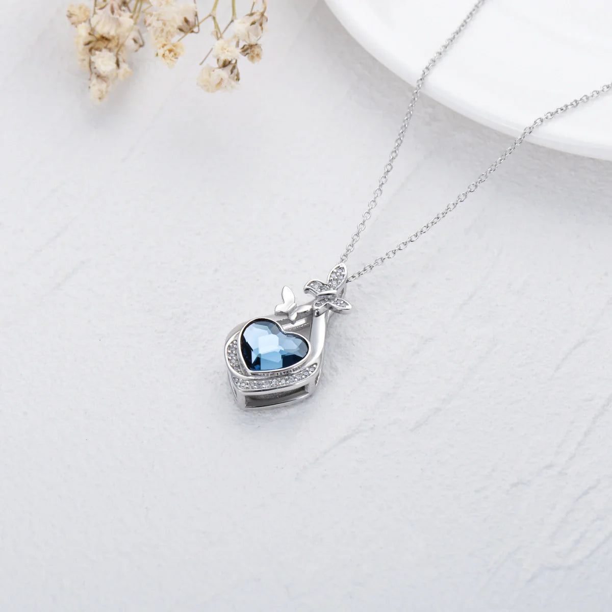 Blue Crystal Butterfly Cremation Necklace Sterling Silver