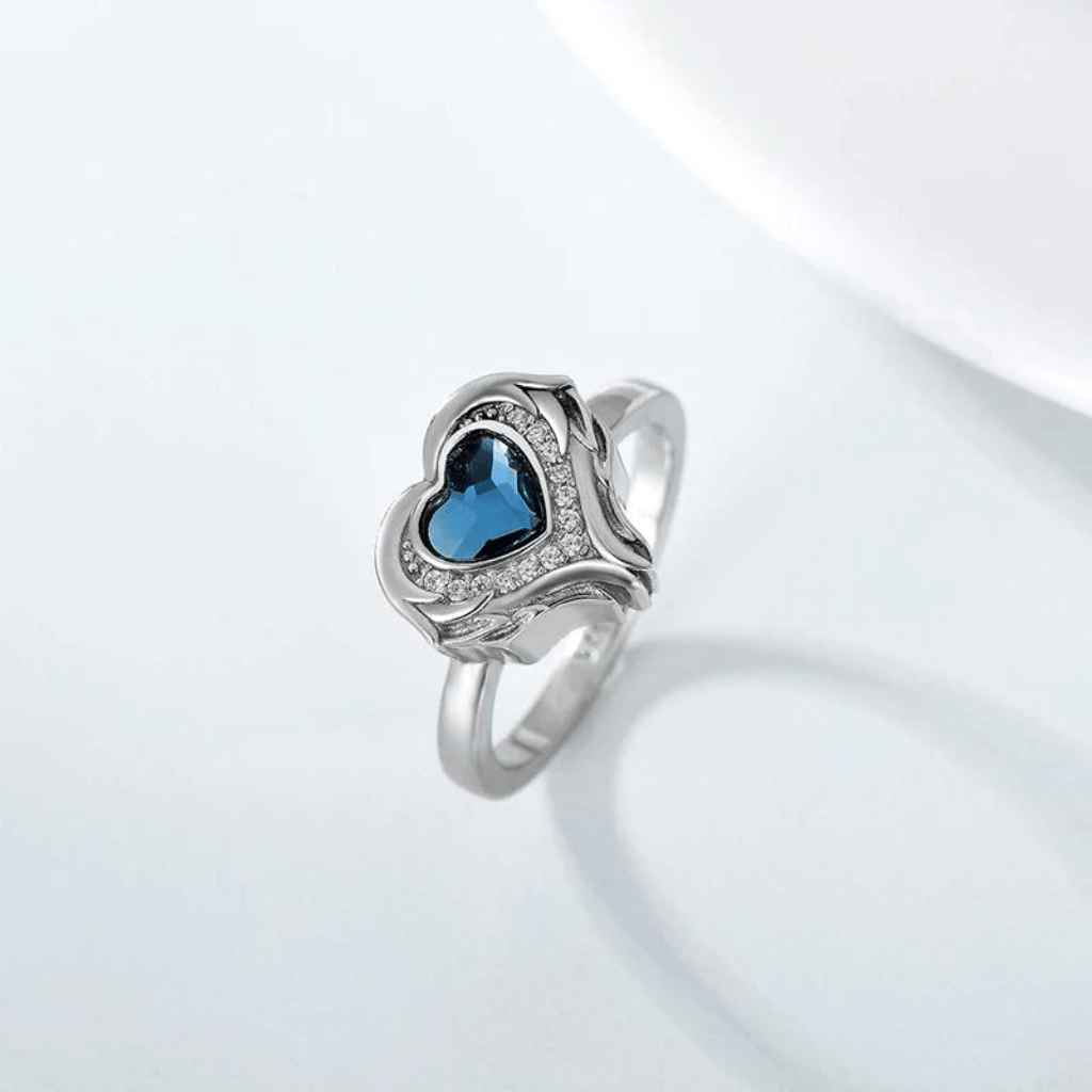Blue Crystal Heart Cremation Ring Sterling Silver