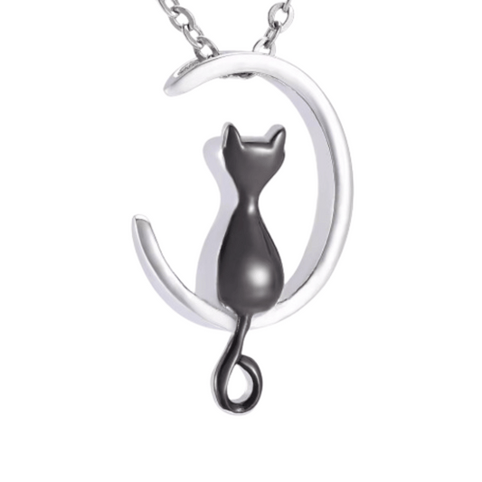 Black Cat Moon Cremation Necklace Stainless Steel