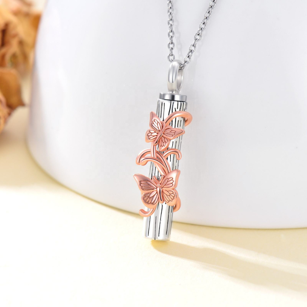 Butterfly Rose Gold Cremation Necklace Sterling Silver