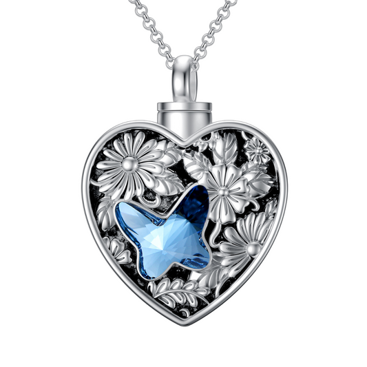 Blue Crystal Butterfly Floral Cremation Necklace Sterling Silver
