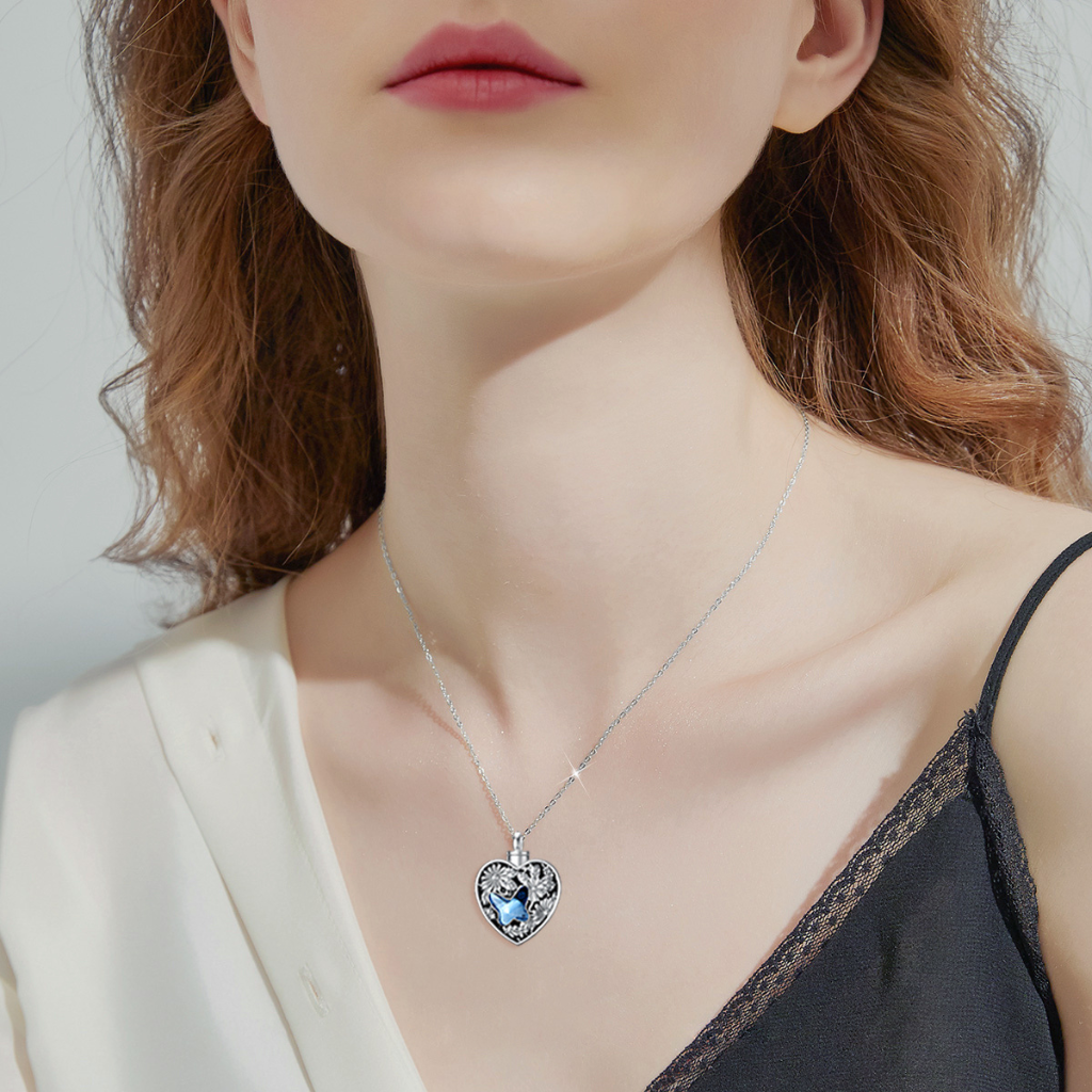 Blue Crystal Butterfly Floral Cremation Necklace Sterling Silver