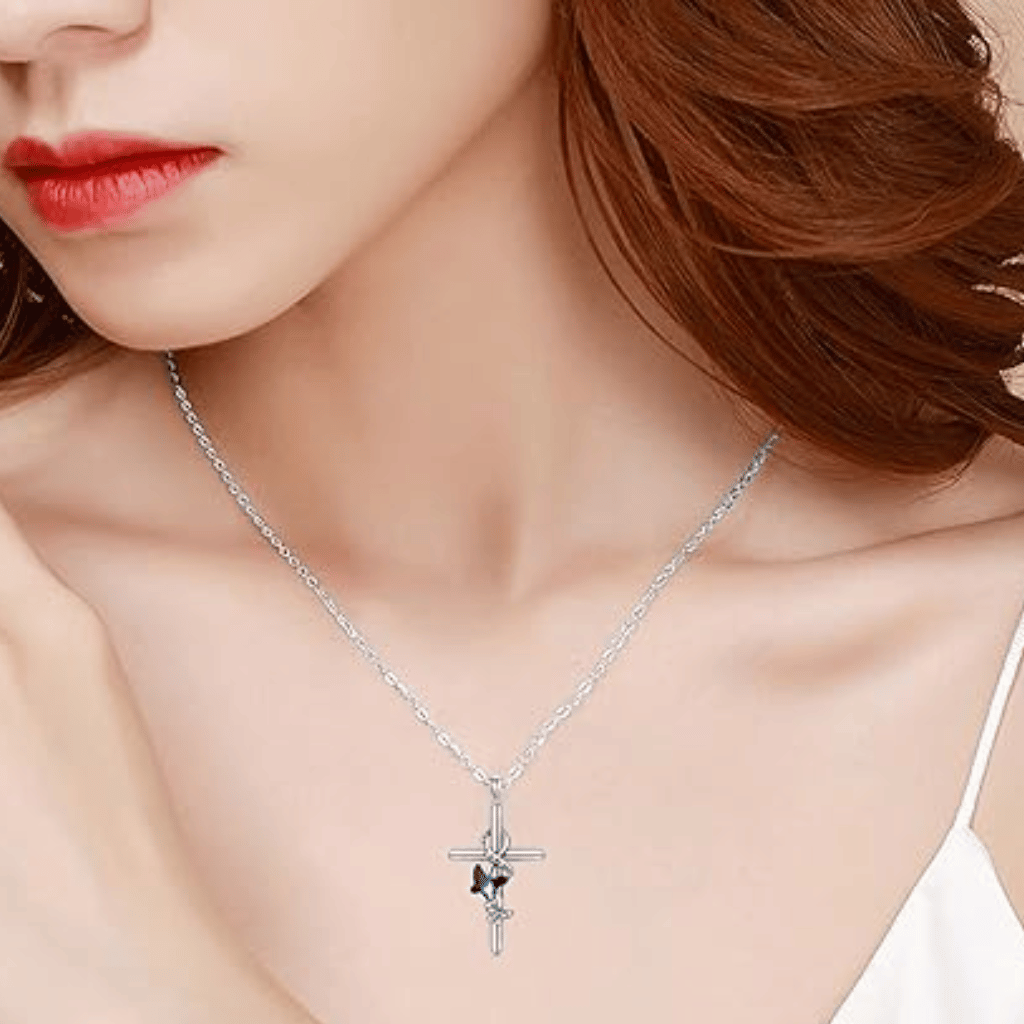 Butterfly Cross Cremation Necklace Sterling Silver