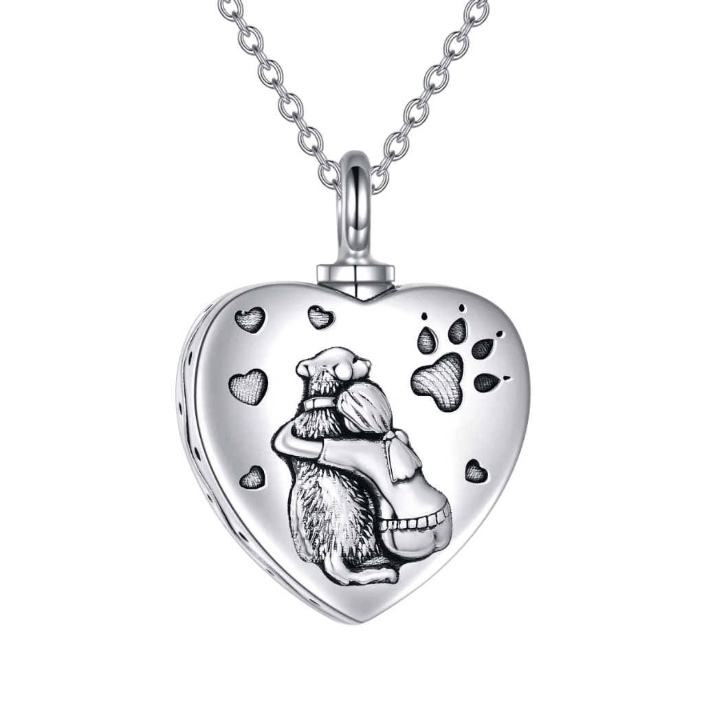 Dog Heart Hug Cremation Necklace Sterling Silver