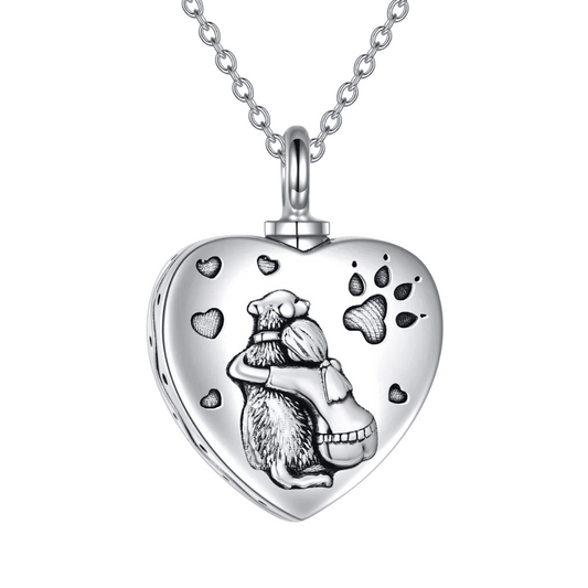 Dog Heart Hug Cremation Necklace Sterling Silver