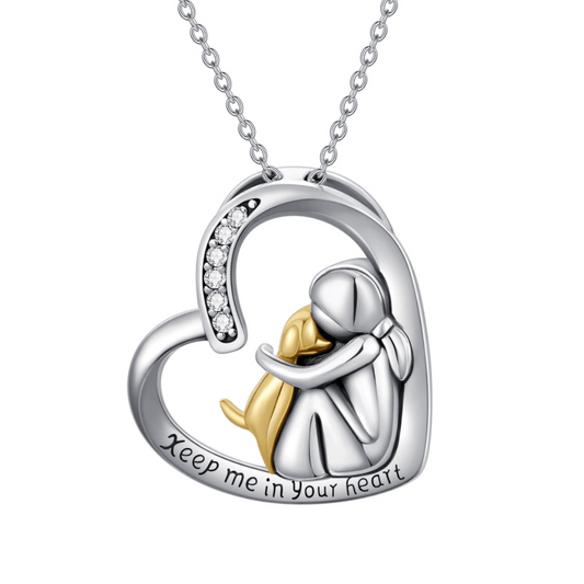 Dog Heart Embrace Gold Plated Cremation Necklace Sterling Silver
