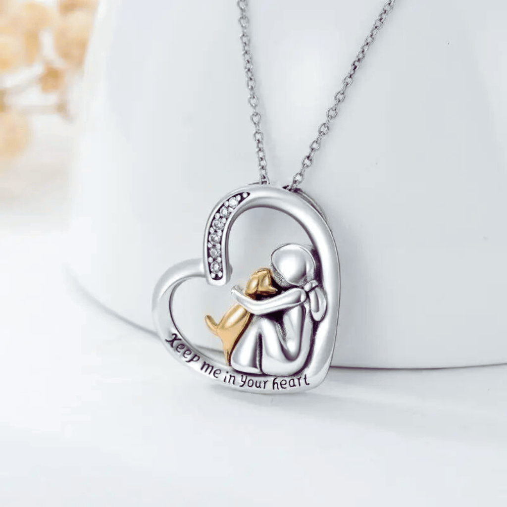 Dog Heart Embrace Gold Plated Cremation Necklace Sterling Silver