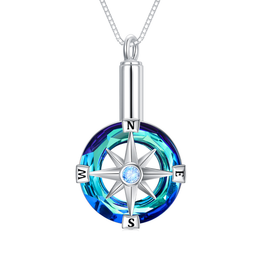 Blue And Green Crystal Compass Cremation Necklace Sterling Silver