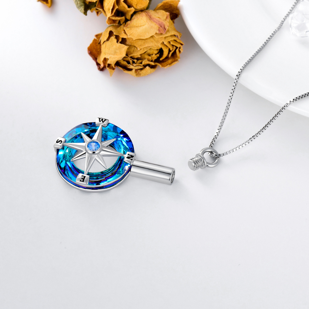 Blue And Green Crystal Compass Cremation Necklace Sterling Silver