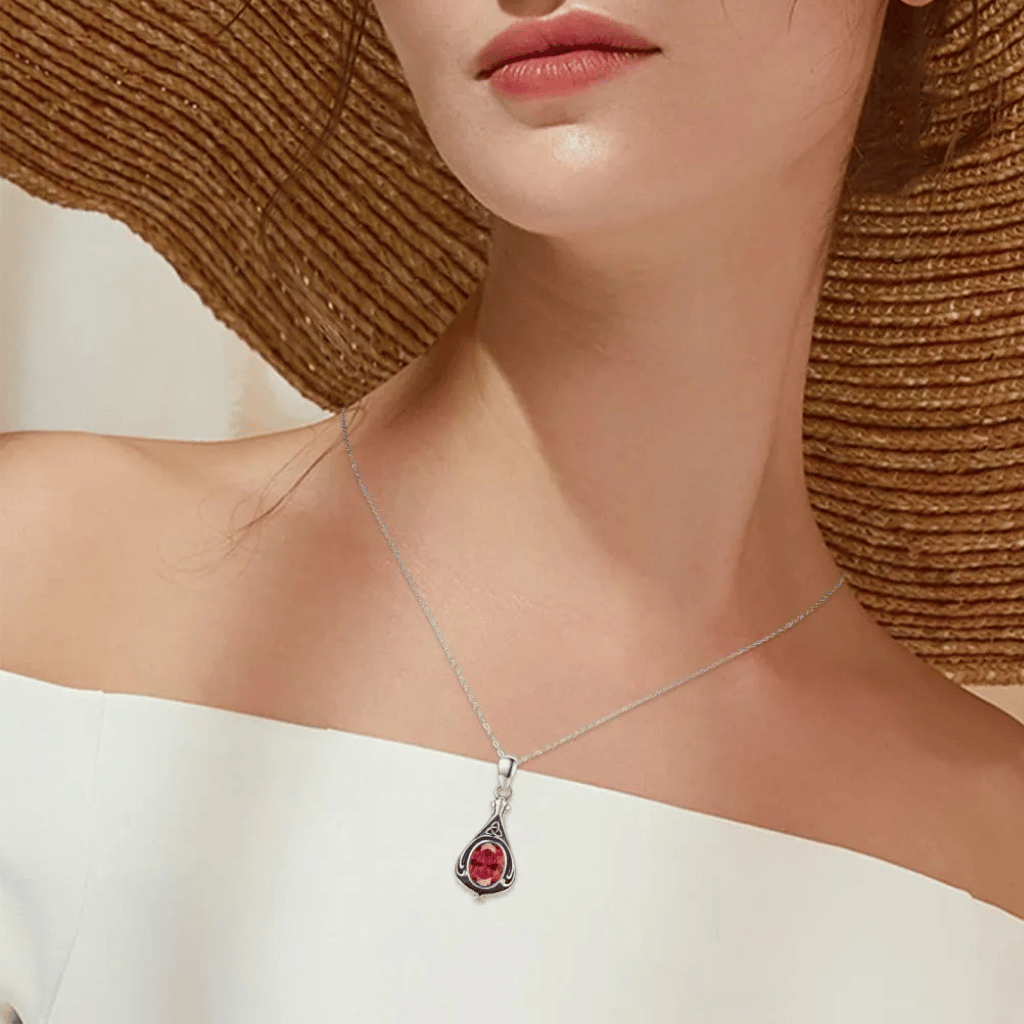 Red Crystal Runic Cremation Necklace Sterling Silver