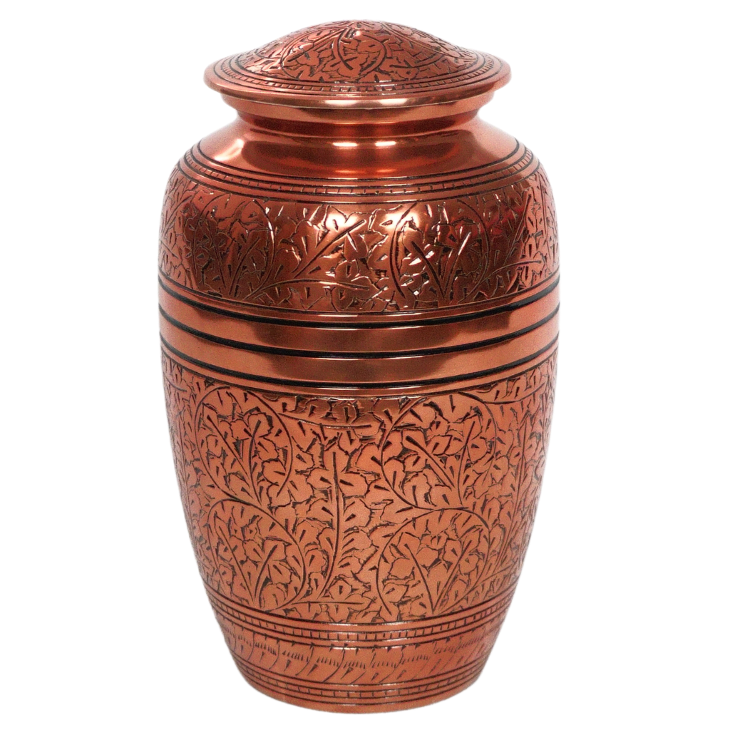 Brass urn in bronze colour with intricate etching details