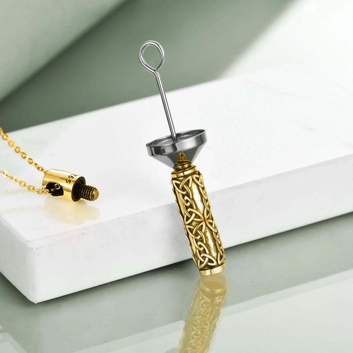 Runic Cylinder Heart Cremation Necklace Gold Vermeil