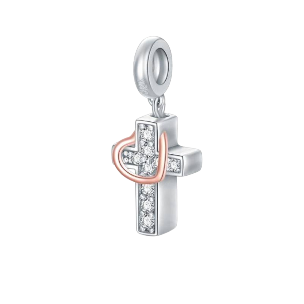 Heart Cross Cremation Charm Sterling Silver