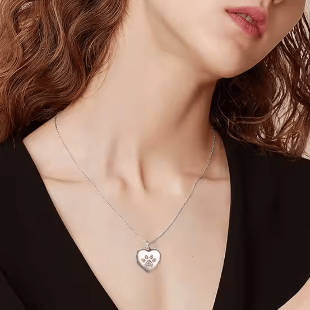 Cubic Zirconia Paw Cremation Locket Sterling Silver