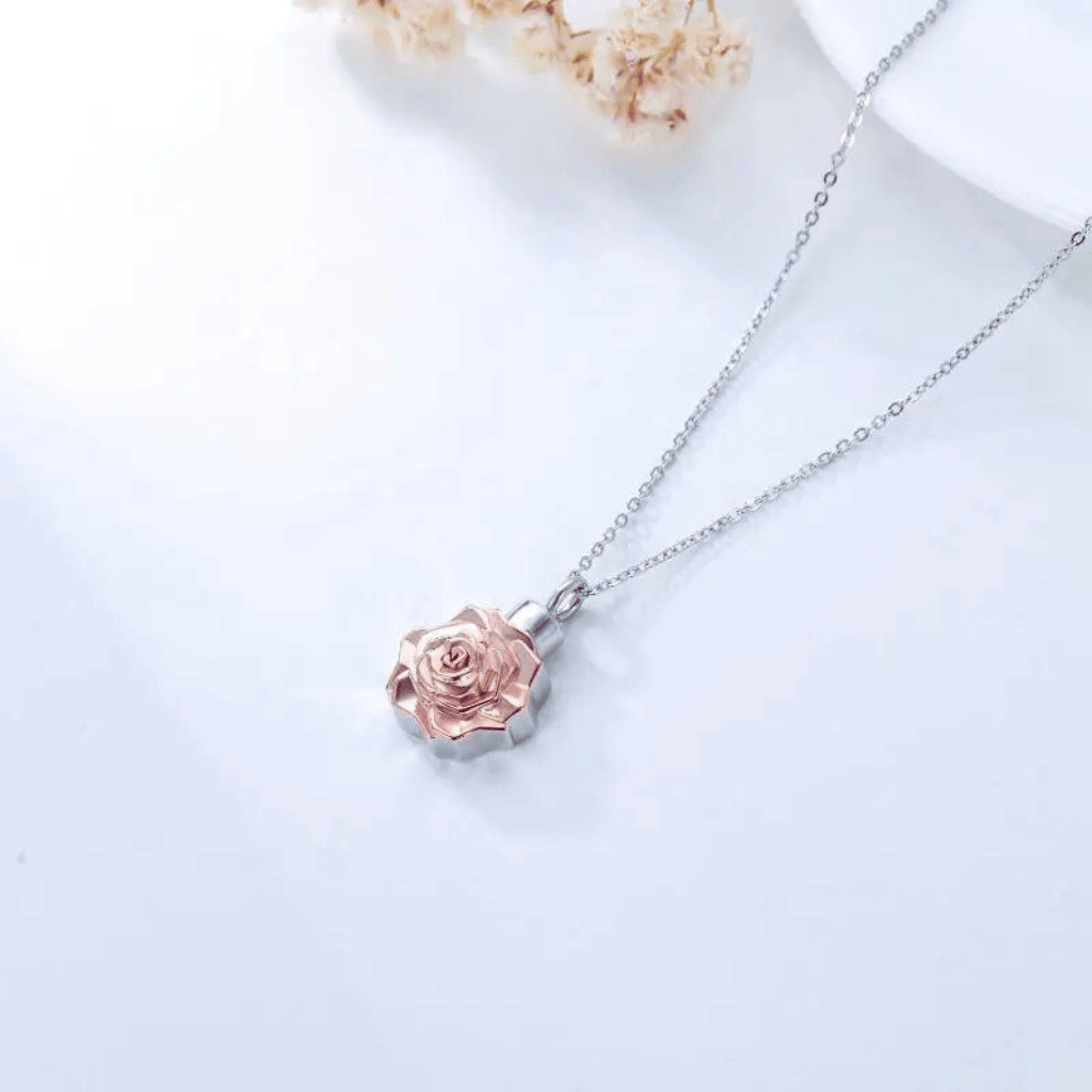 Rose Gold Flower Cremation Necklace Sterling Silver