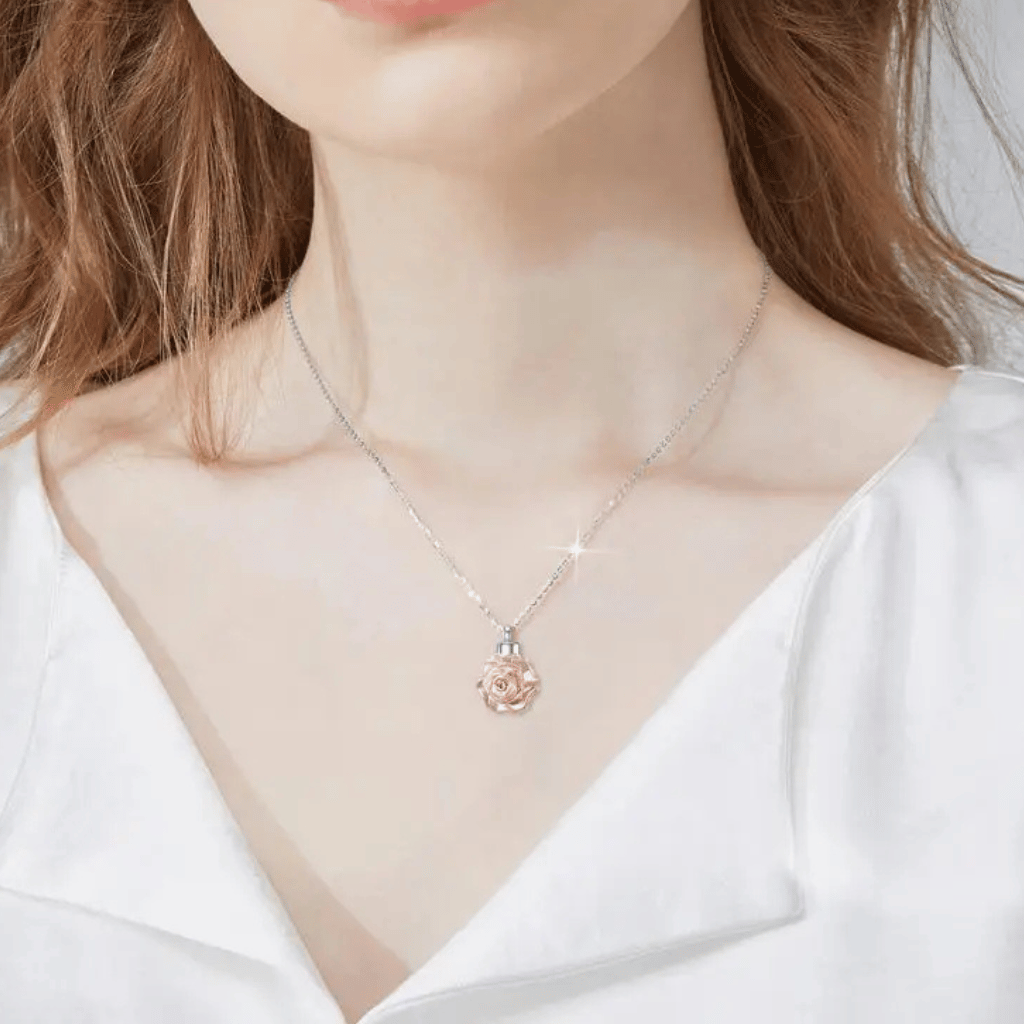 Rose Gold Flower Cremation Necklace Sterling Silver