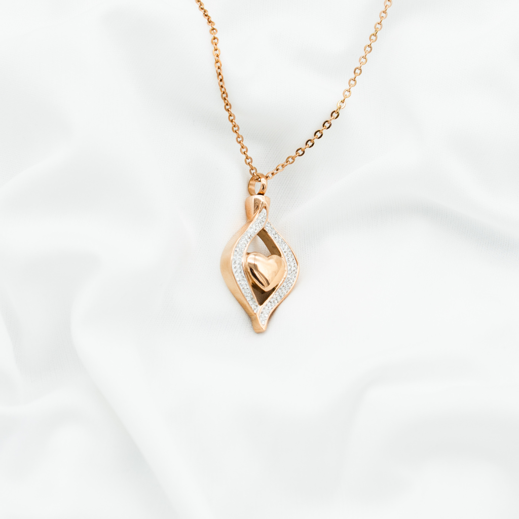 Encased Rose Gold Heart Cremation Necklace Stainless Steel
