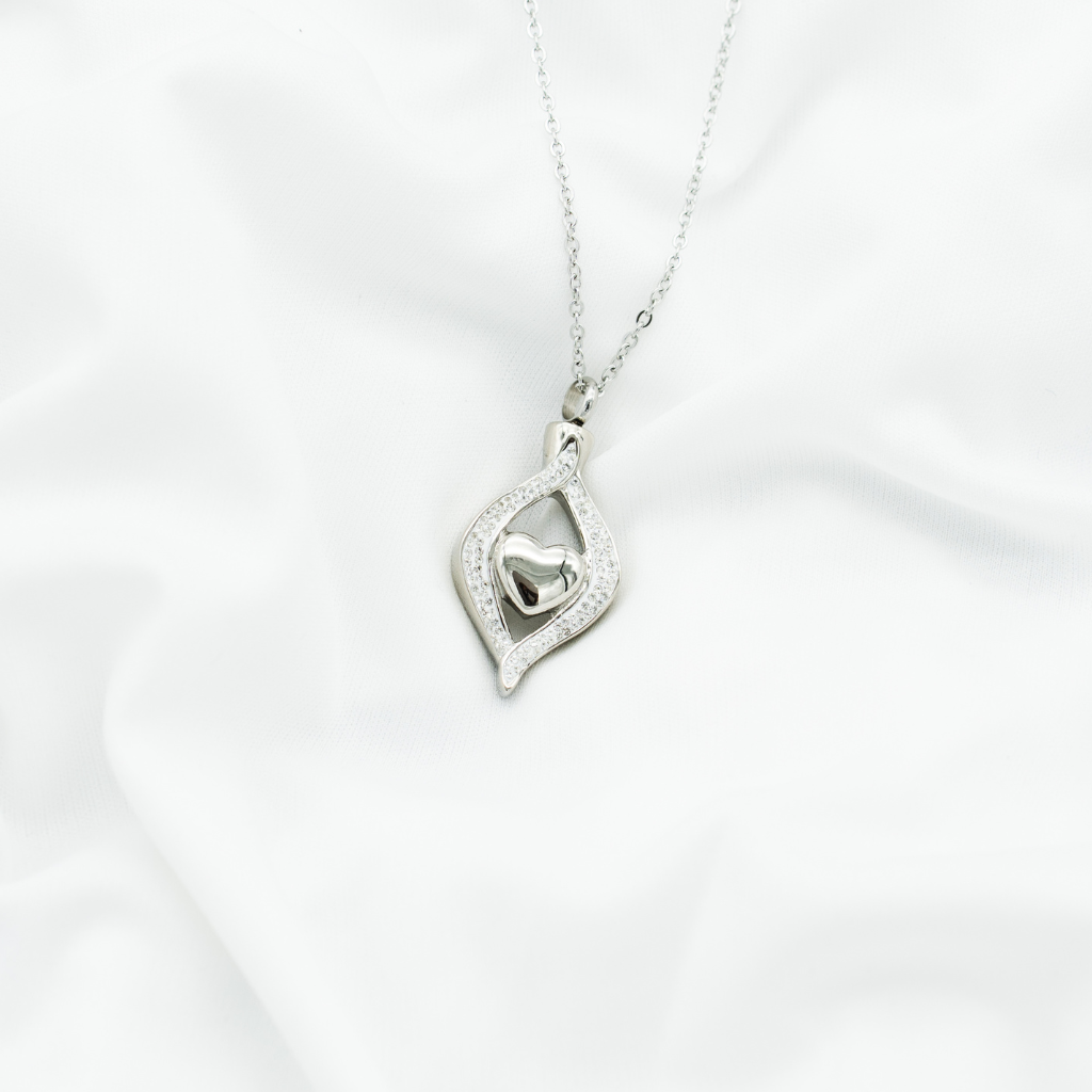 Encased Silver Heart Cremation Necklace Stainless Steel