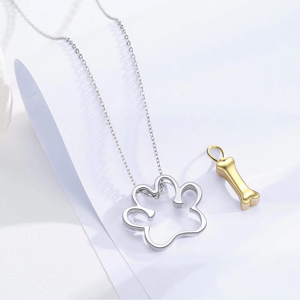 Paw And Gold Bone Cremation Necklace Sterling Silver
