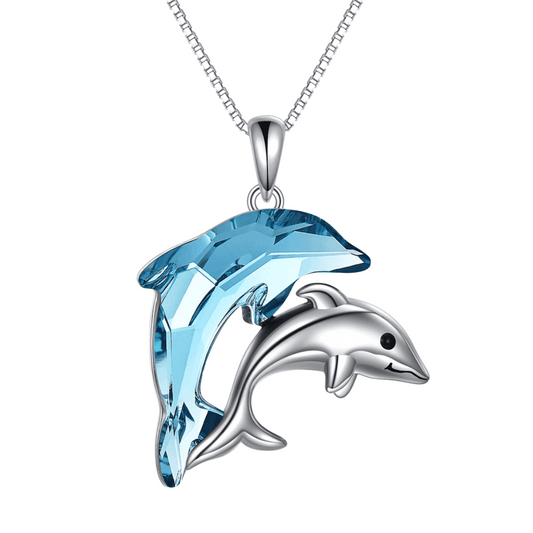 Blue Crystal Dolphin Cremation Necklace Sterling Silver