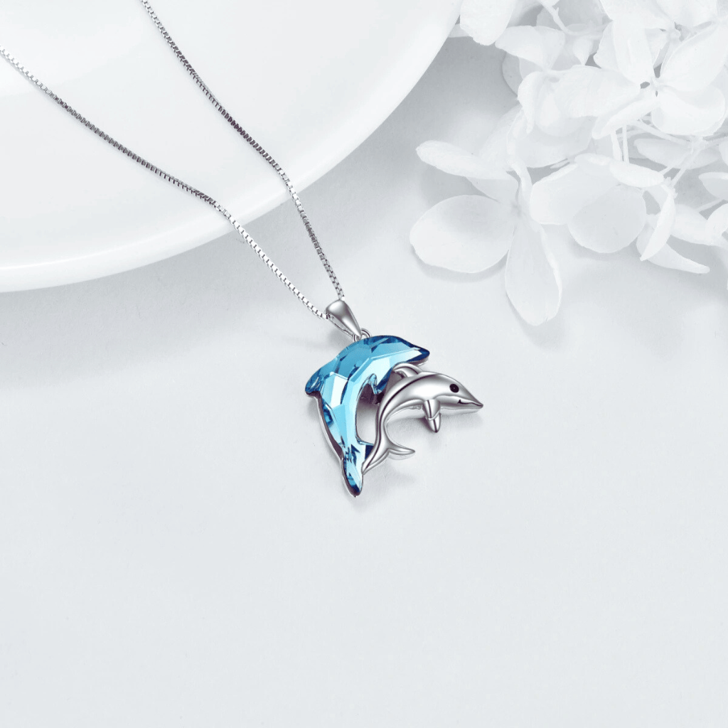 Blue Crystal Dolphin Cremation Necklace Sterling Silver