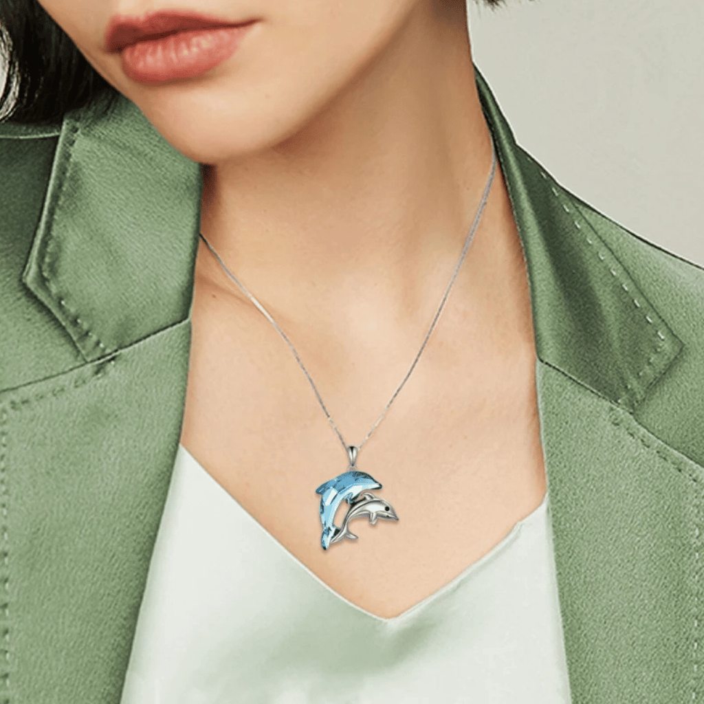 Blue Crystal Dolphin Cremation Necklace Sterling Silver