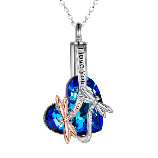 Blue Crystal Heart Dragonflies Cremation Necklace Sterling Silver