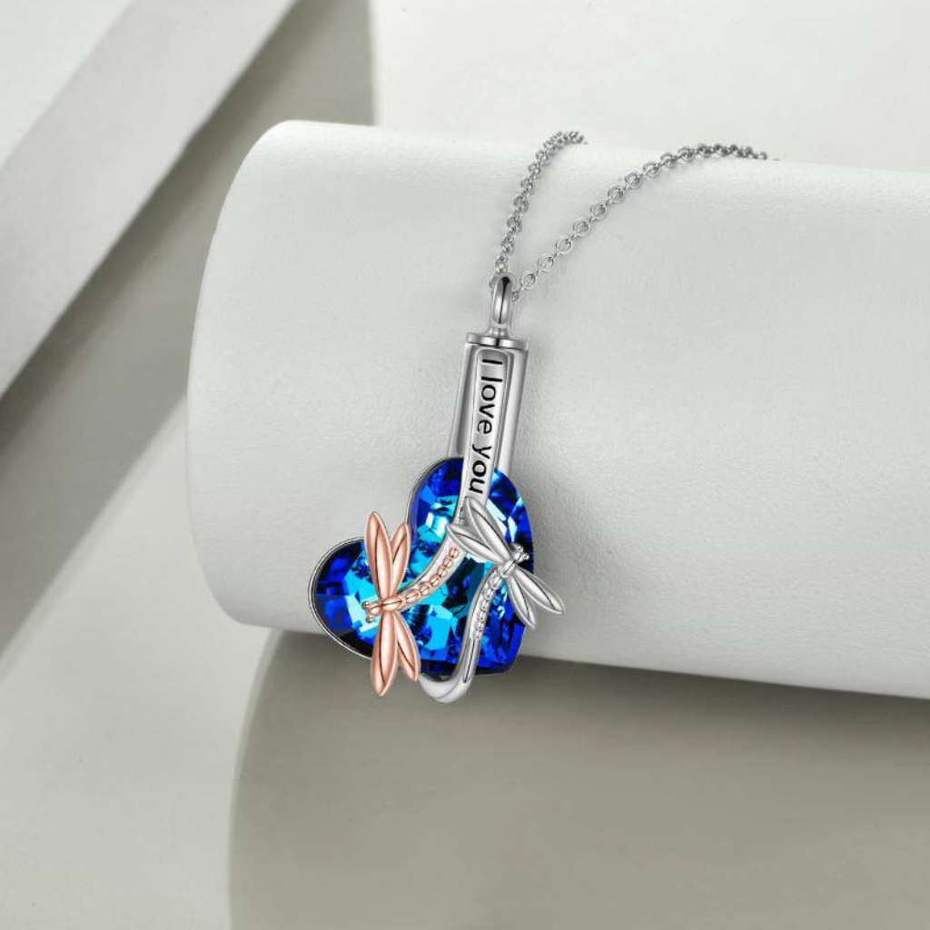 Blue Crystal Heart Dragonflies Cremation Necklace Sterling Silver