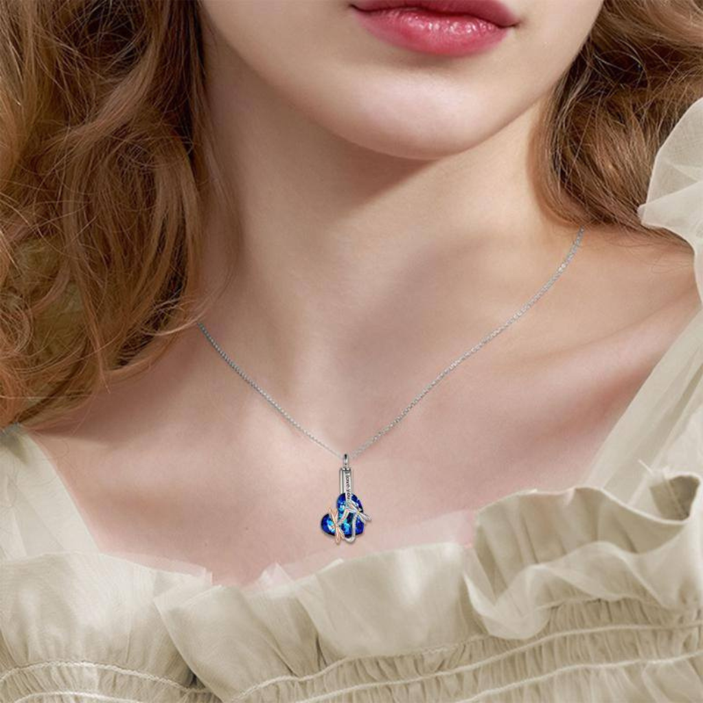 Blue Crystal Heart Dragonflies Cremation Necklace Sterling Silver
