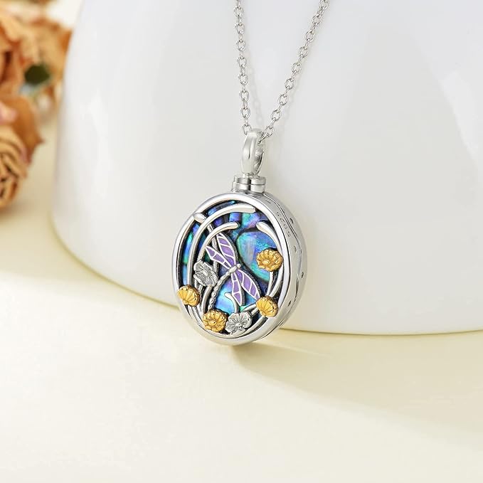 Abalone Dragonfly Flowers Cremation Necklace Sterling Silver
