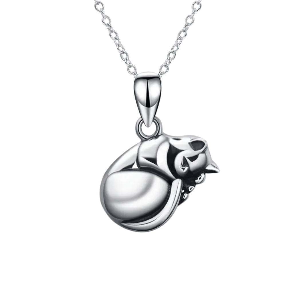Sleeping Cat Cremation Necklace Sterling Silver