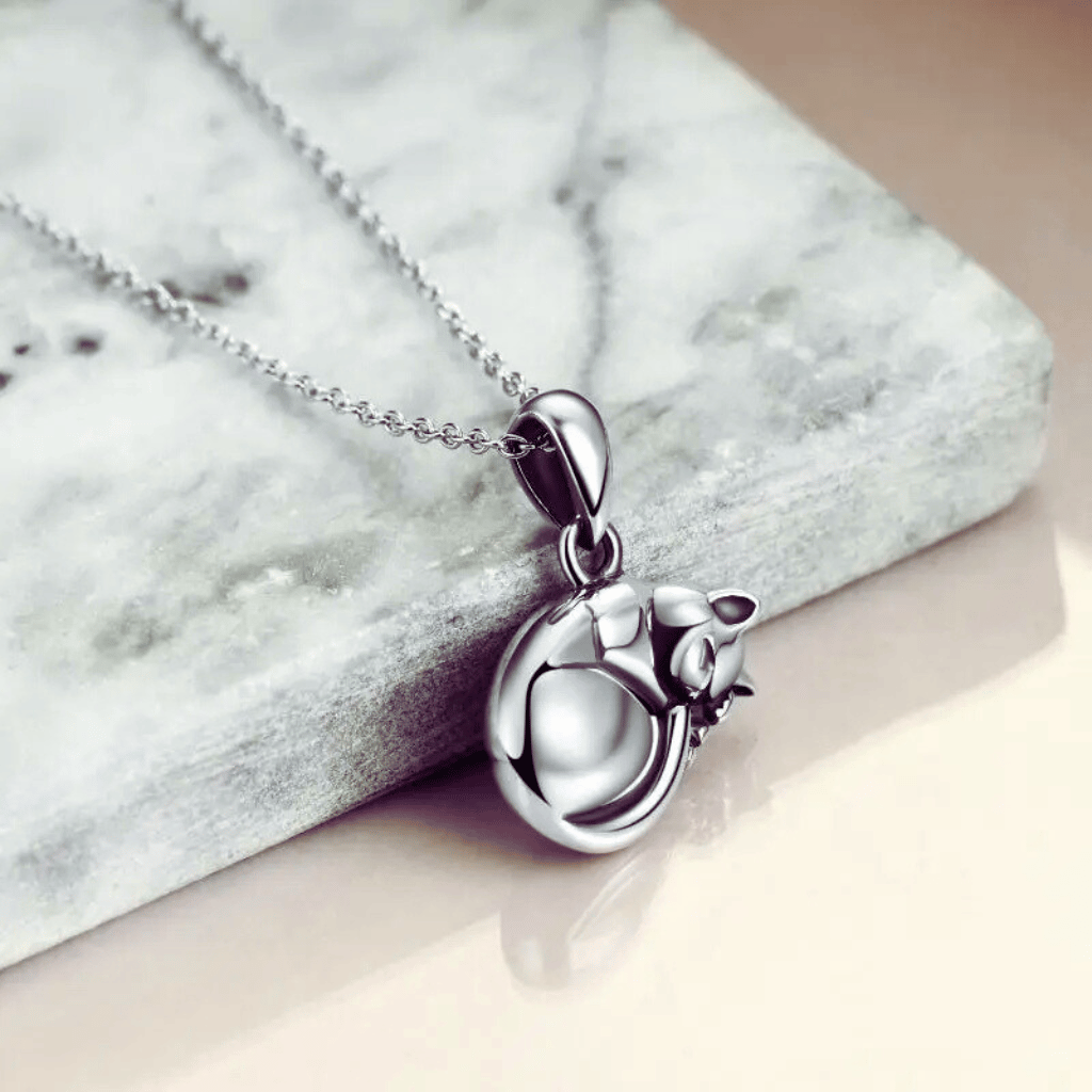 Sleeping Cat Cremation Necklace Sterling Silver