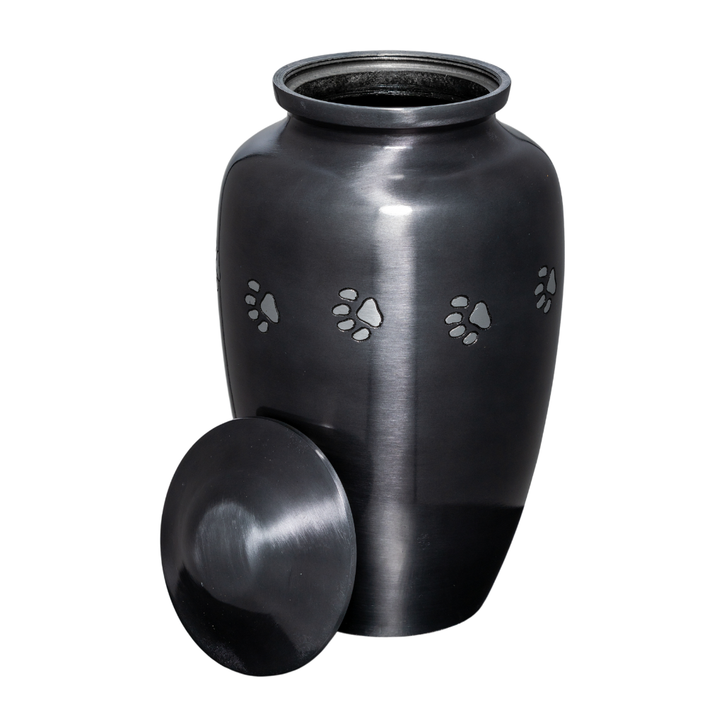 Classic style silver urn with etched pawprints