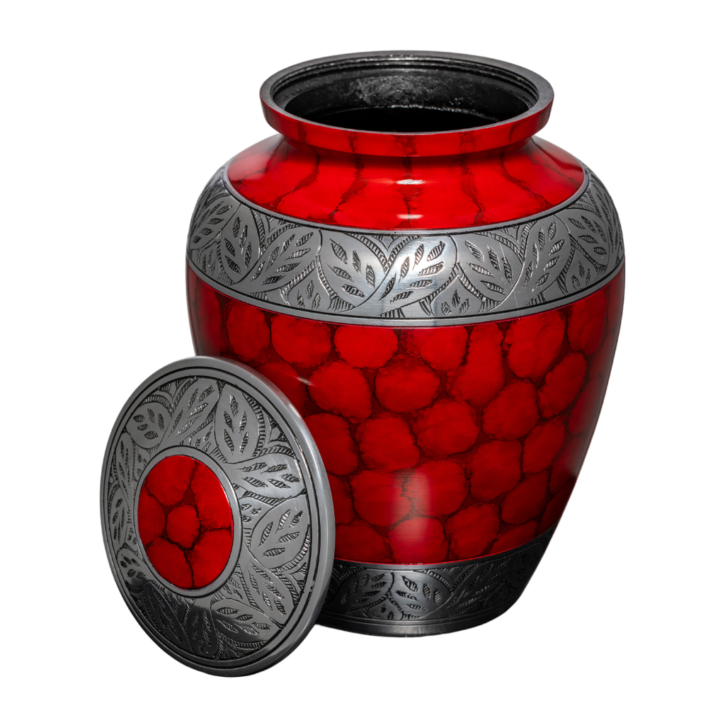 Red urn with soft scale details and silver leafy accents