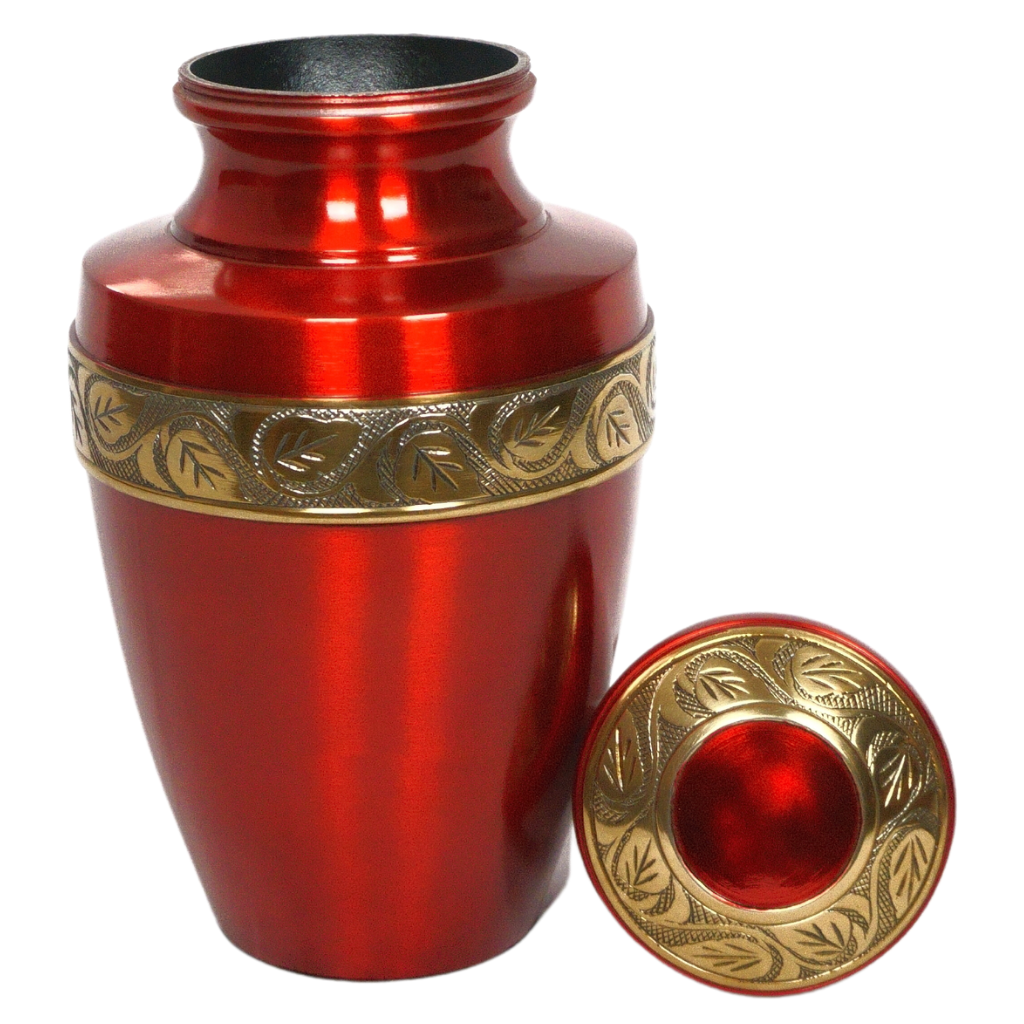 Red urn with with gold leaf details lid off