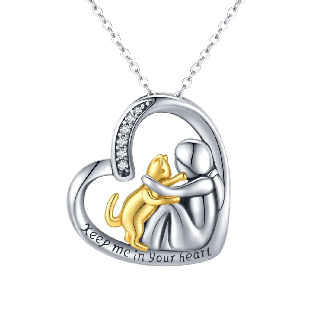 Cat Heart Embrace Gold Plated Cremation Necklace Sterling Silver
