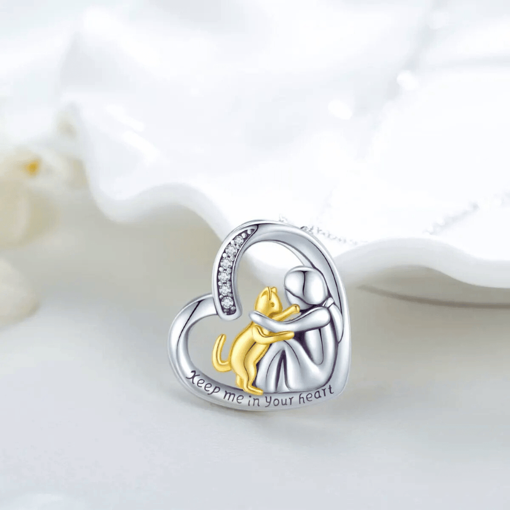 Cat Heart Embrace Gold Plated Cremation Necklace Sterling Silver