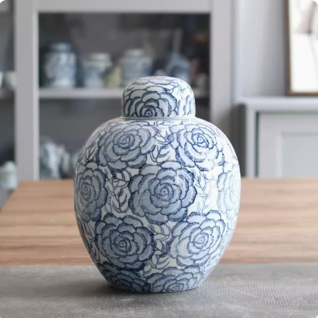 Floral Blue Porcelain Cremation Urn