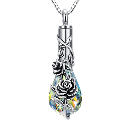 Multicoloured Crystal Floral Tear Cremation Necklace Sterling Silver