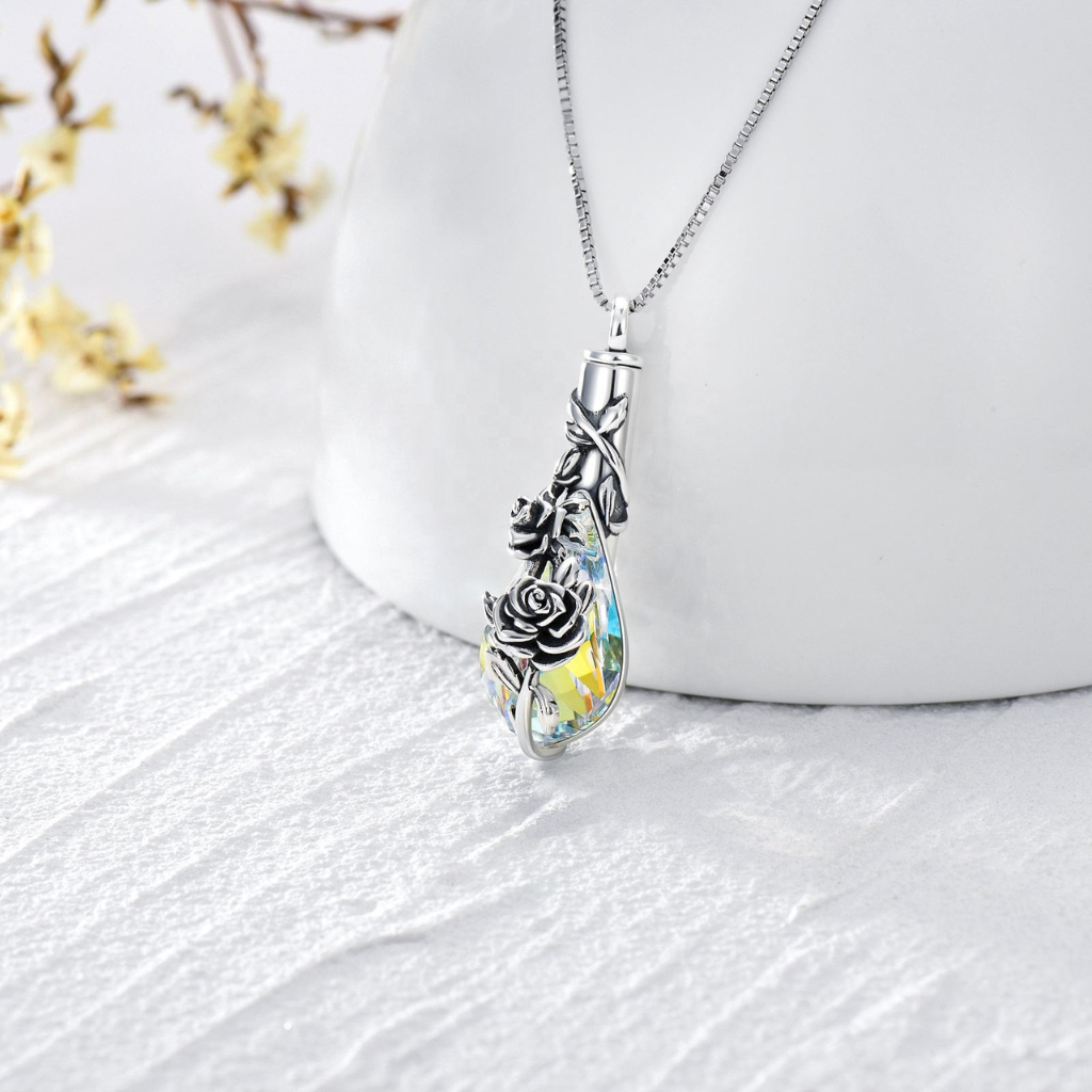 Multicoloured Crystal Floral Tear Cremation Necklace Sterling Silver
