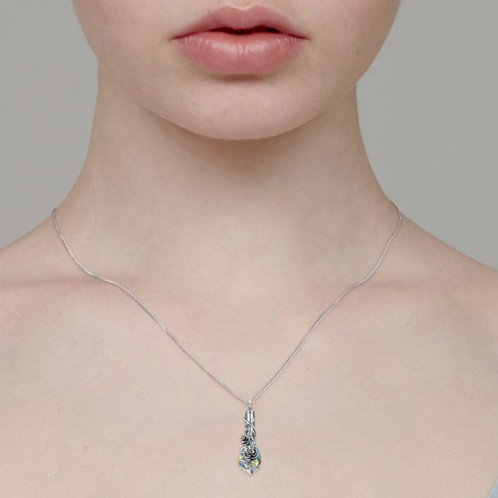 Multicoloured Crystal Floral Tear Cremation Necklace Sterling Silver
