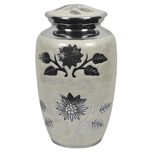 White Floral Aluminium Cremation Urn