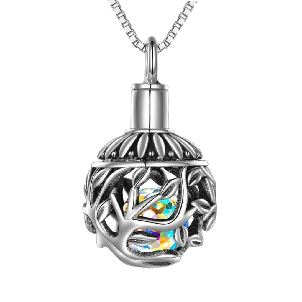 Tree Wrapped Crystal Cremation Necklace Sterling Silver